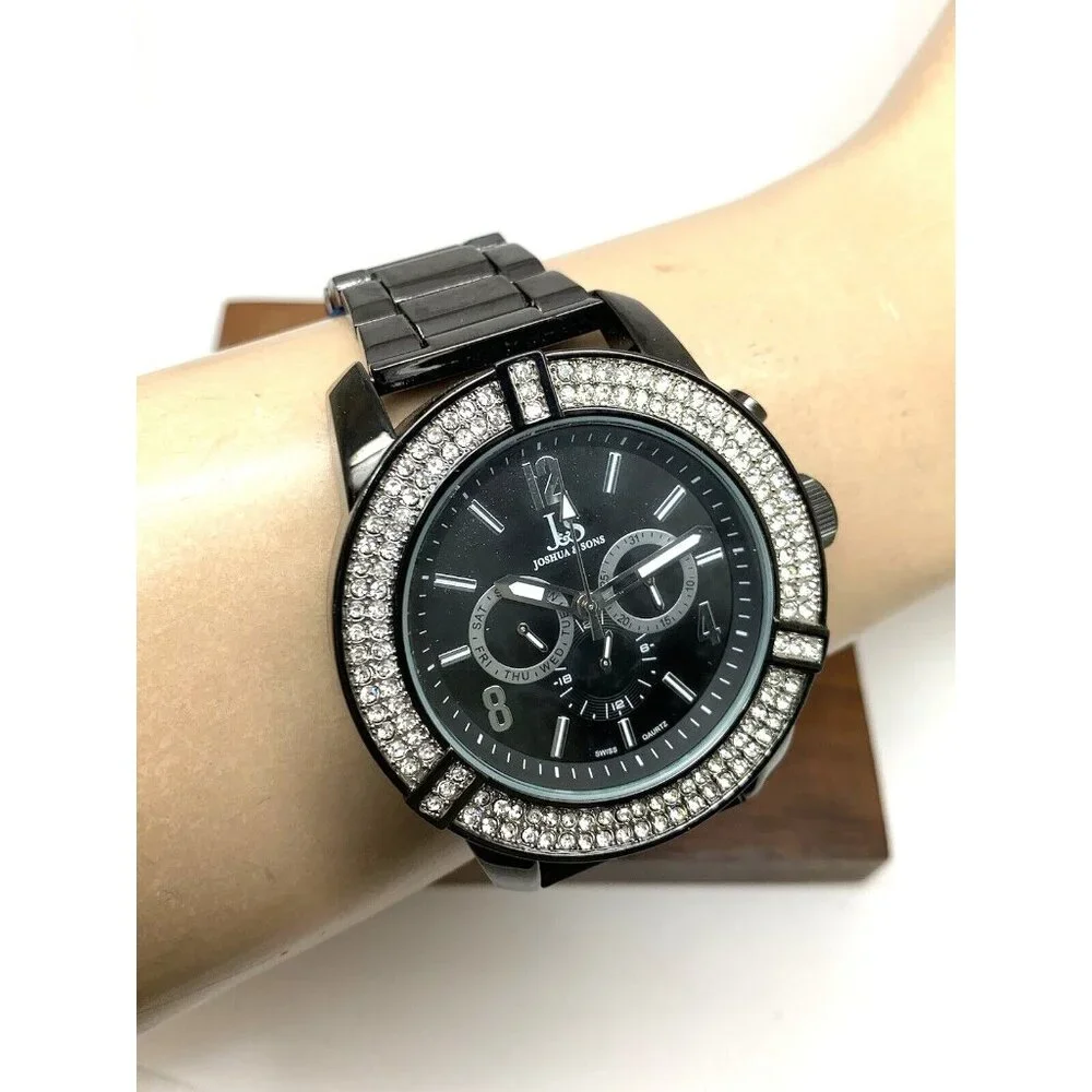 Joshua & Sons Men's Watch JS81BK Quartz Gemmed Black Dial Stainless Steel 52mm
